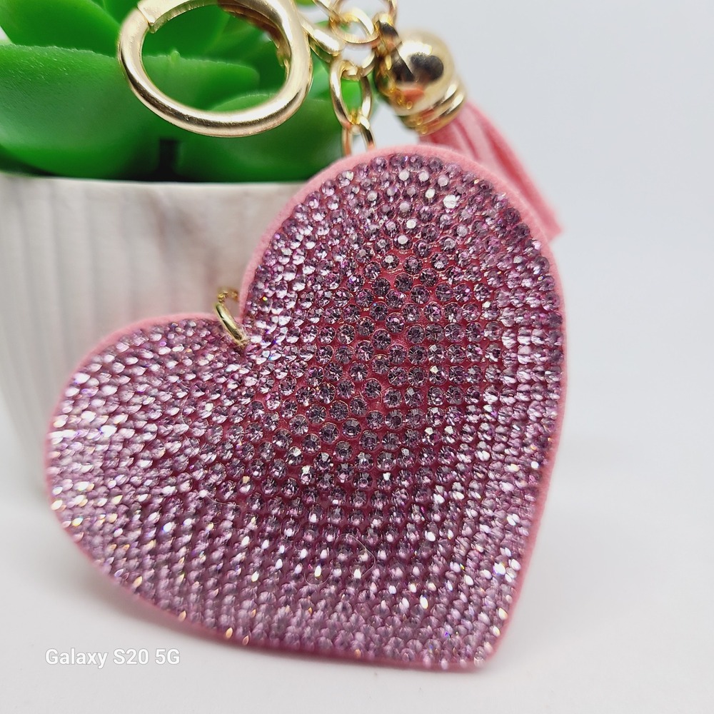 Rhinestone Heart Keychain Purse Charm Bag Accessories Light Pink Gold Tassel - Picture 4 of 4